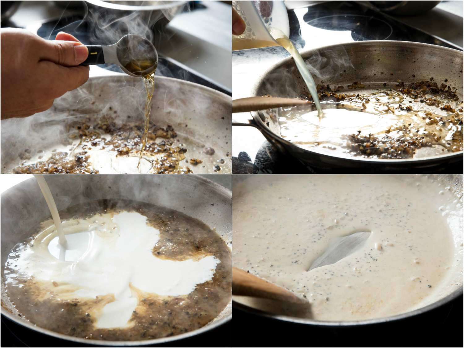 作者制作平底锅酱汁的拼贴画。加入白兰地，然后高汤，最后是奶油。然后搅拌混合物，从锅中释放出棕色的部分。gydF4y2Ba