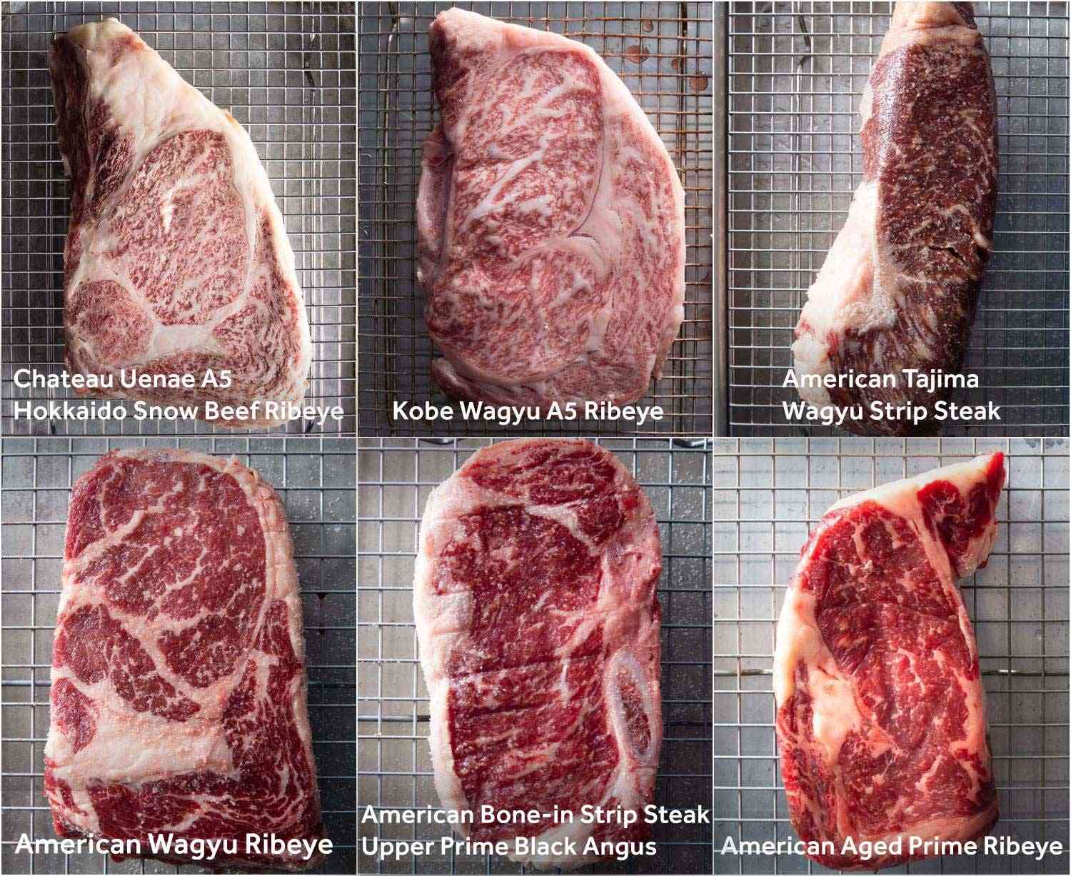 图片拼贴的六种不同的牛排烹饪和牛品尝。