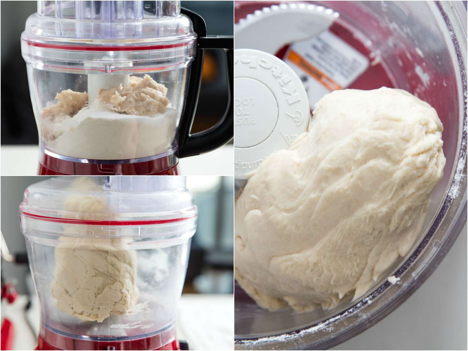 照片拼贴显示处理百吉饼面团在食品加工机，直到丝滑。