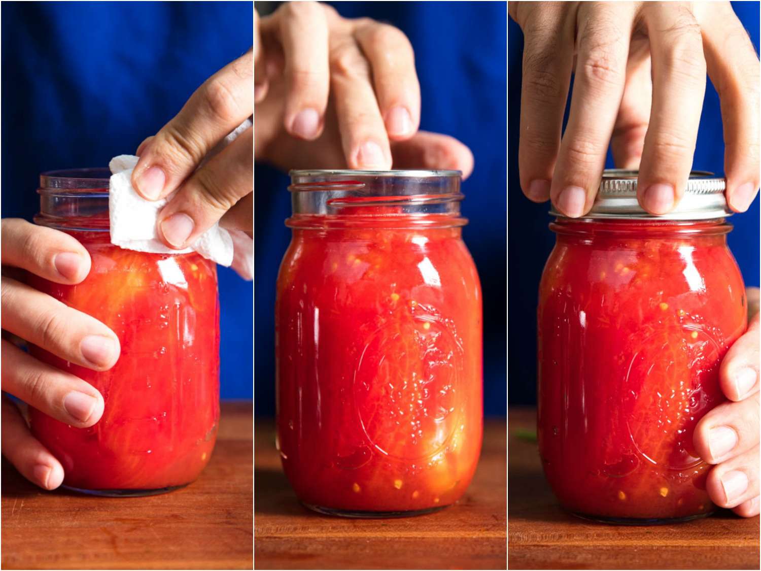 拼贴关闭罐子的西红柿罐头:擦拭罐子的边缘，把盖子放在上面，拧上环