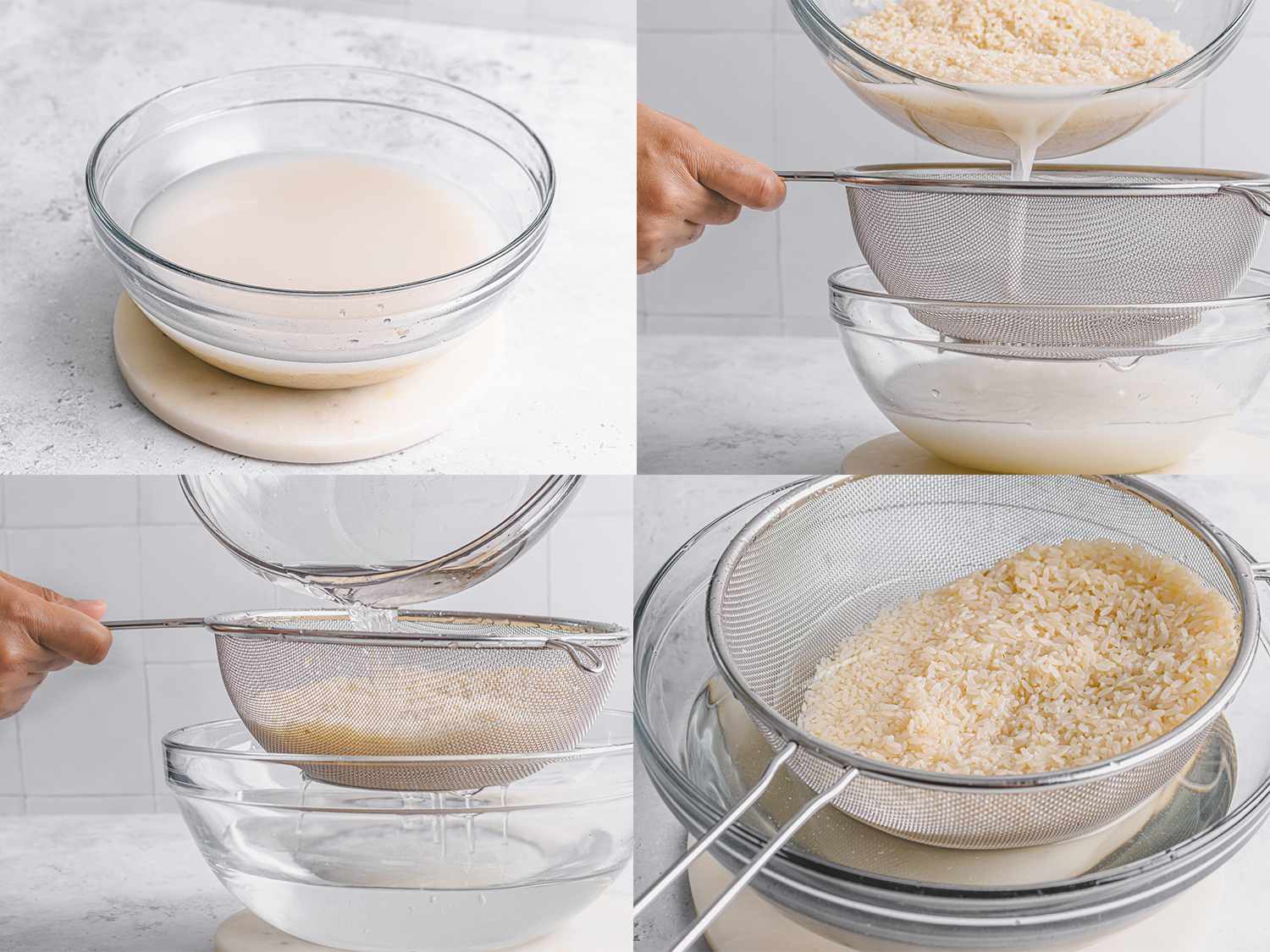 四个图像拼贴。左上:浑浊的水和碗里的米饭。右上:从碗中滤出浑浊的水。左下:清水流过滤网中的大米。右下:米饭放在碗上的滤网里