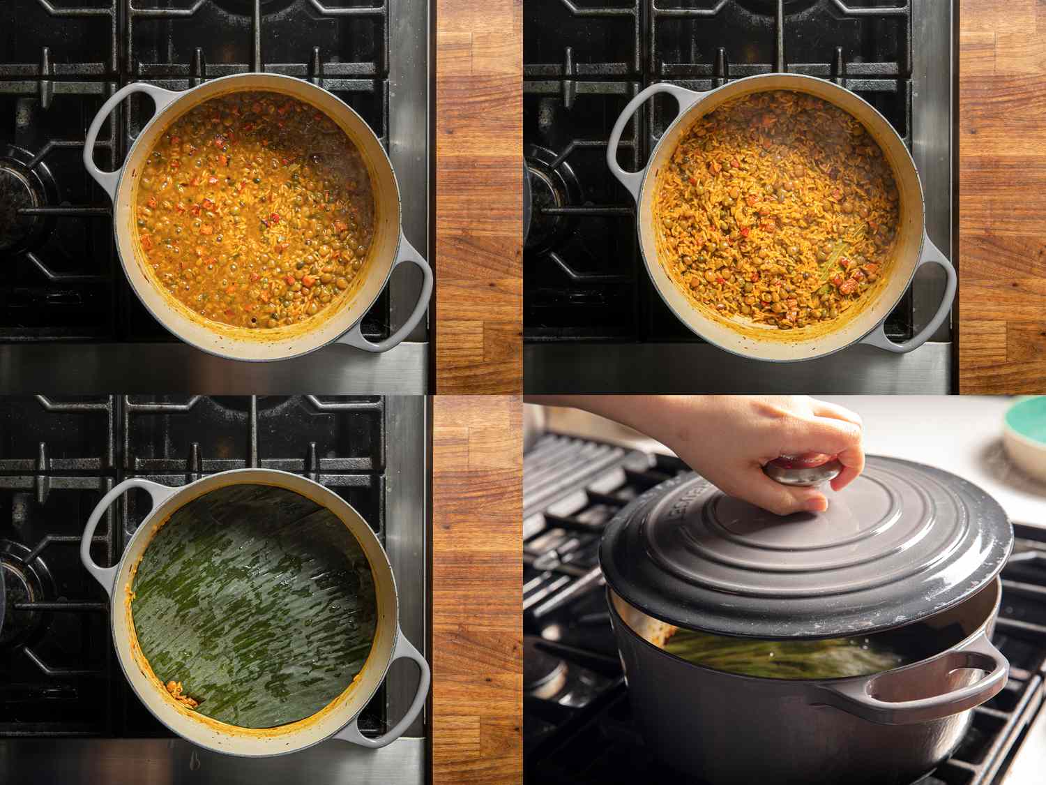 四个图像拼贴的豌豆和大米混合煮在锅里,大部分的液体吸收,香蕉叶子覆盖锅,把盖子盖上。在锅中