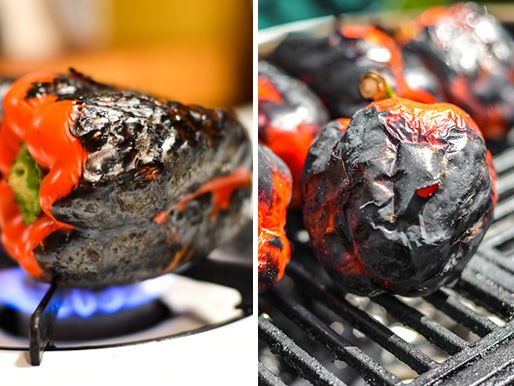 两张照片:在煤气灶上烤红辣椒;红辣椒在烤架上烤焦，冒着烟。