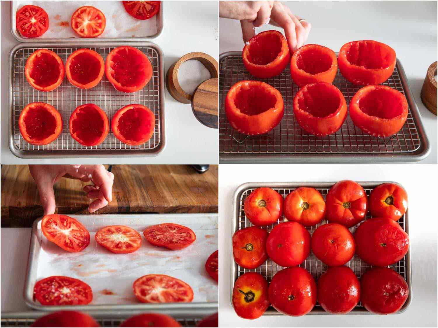 Photo collage of salting hollowed out tomatoes and placing them upside down on a wire rack-lined baking sheet to drain them of excess moisture.