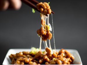 筷子夹着纳豆放在盛有纳豆的方形盘子上，这是一种发酵的大豆，在日本是一种常见的早餐。
