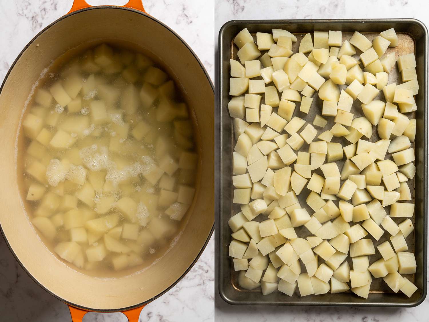 土豆和水放在锅里，土豆放在烤盘上冷却gydF4y2Ba