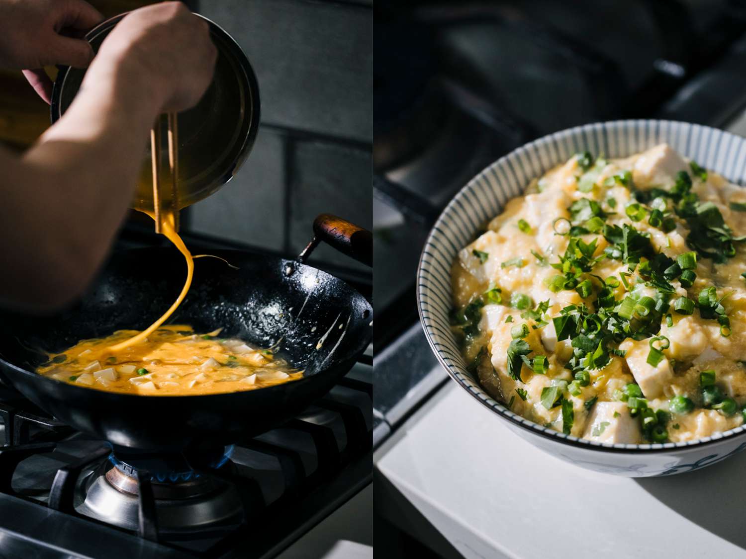 两幅图像，垂直拼贴。第一张照片是用筷子将鸡蛋倒入锅中。第二张照片是做好的盘子，被放在柜台上。