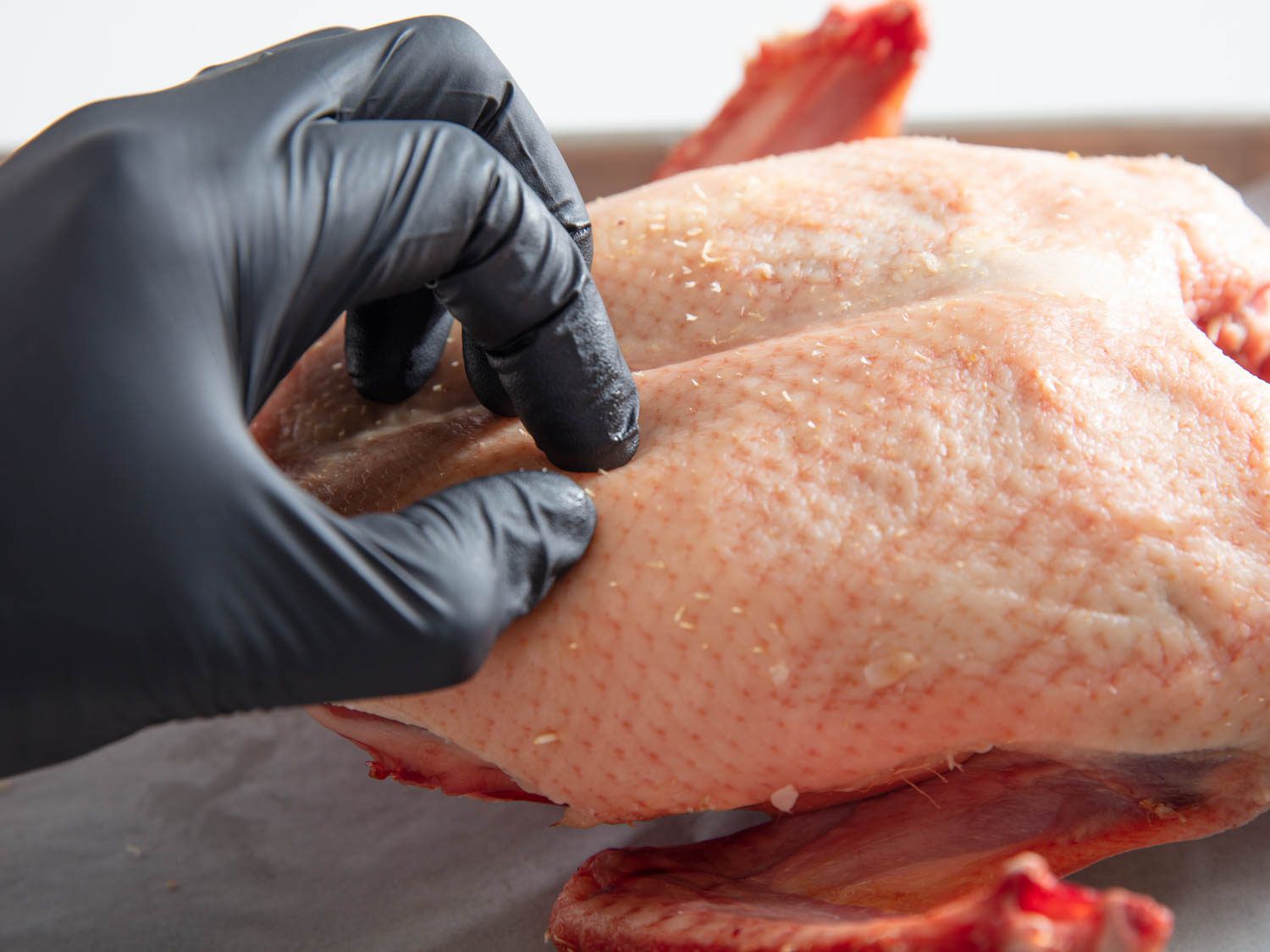 鸭胸肉经过三天的干式陈化后，要捏住鸭胸肉的皮就困难得多了，因为鸭胸肉的皮变软了。