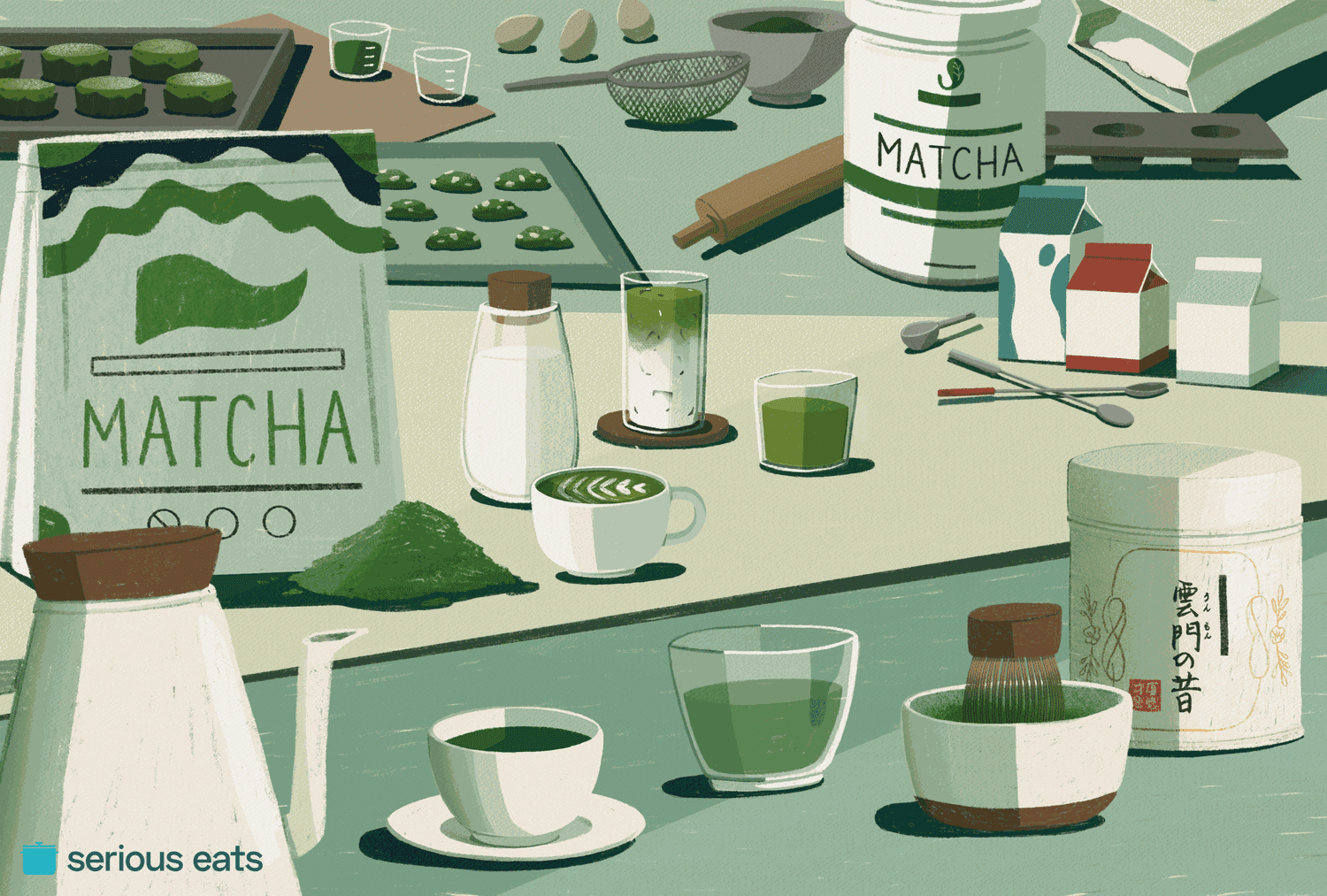 an illustration of matcha powder in tins and bags, with cups of brewed matcha, matcha baked goods, and a matcha latte.