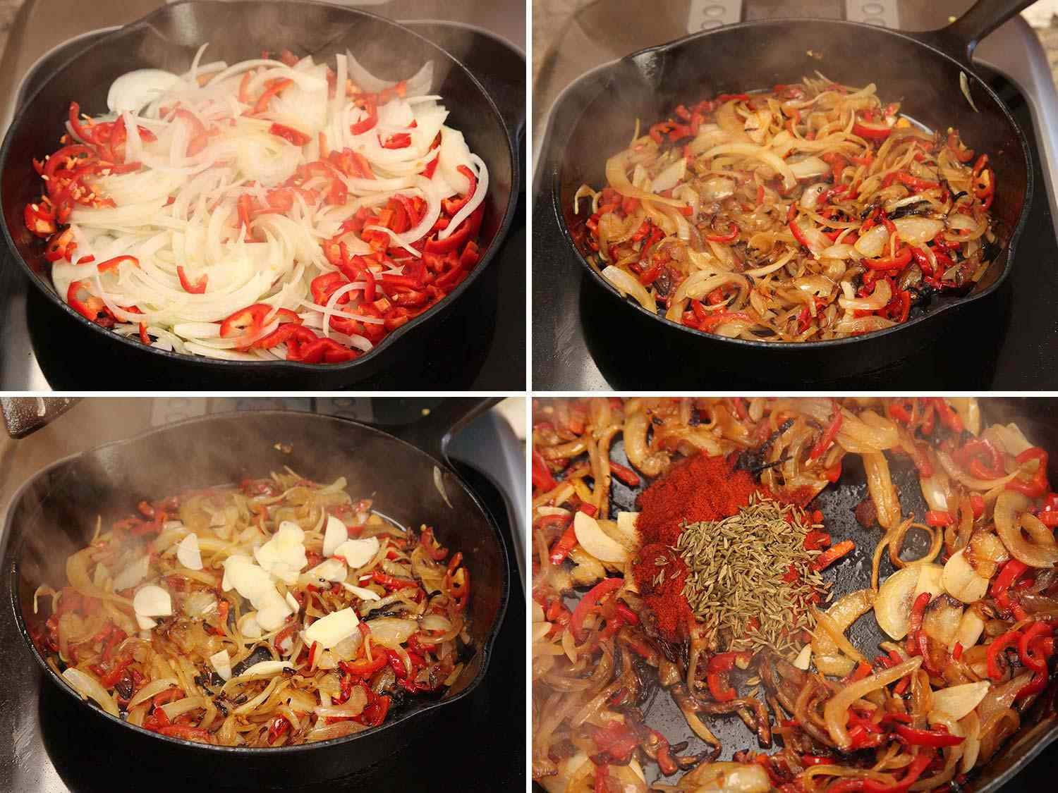 照片拼贴展示了在铸铁煎锅中烤焦洋葱和辣椒，然后在大蒜和香料中搅拌，用于shakshuka。gydF4y2Ba