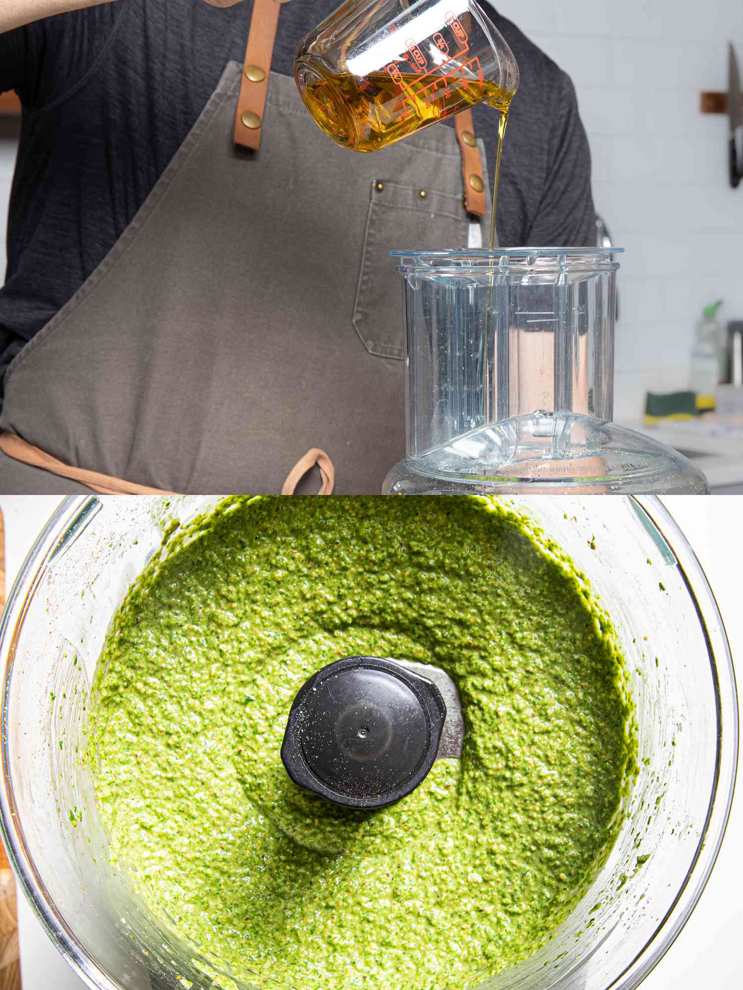 两个图像拼贴o毛毛雨橄榄油到食品加工机和香蒜沙司