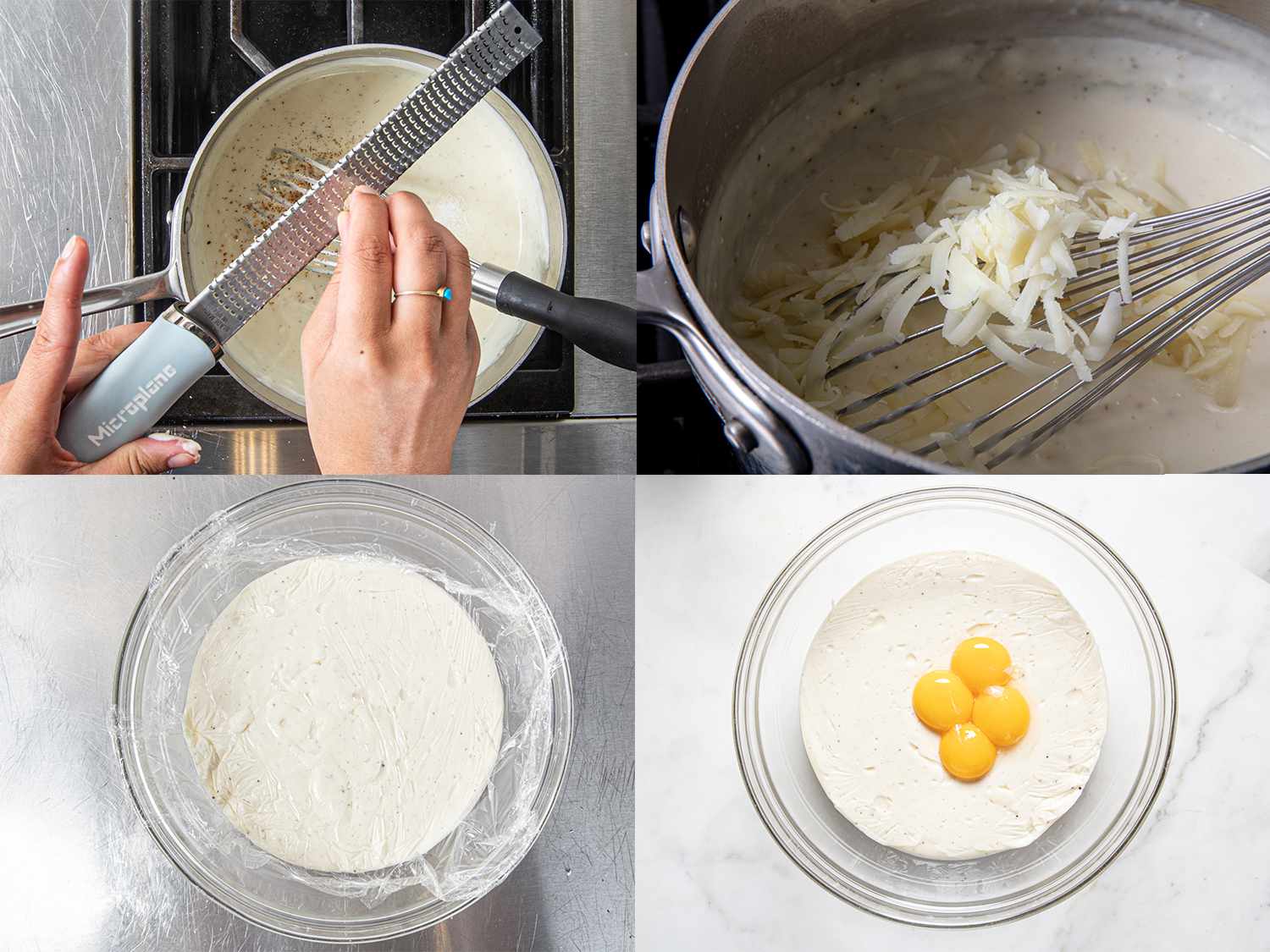四个图像拼贴。左上:肉豆蔻入锅。右上:奶酪加入酱汁。右下:酱汁倒进玻璃碗里，盖上塑料。左下:加入酱汁的蛋黄