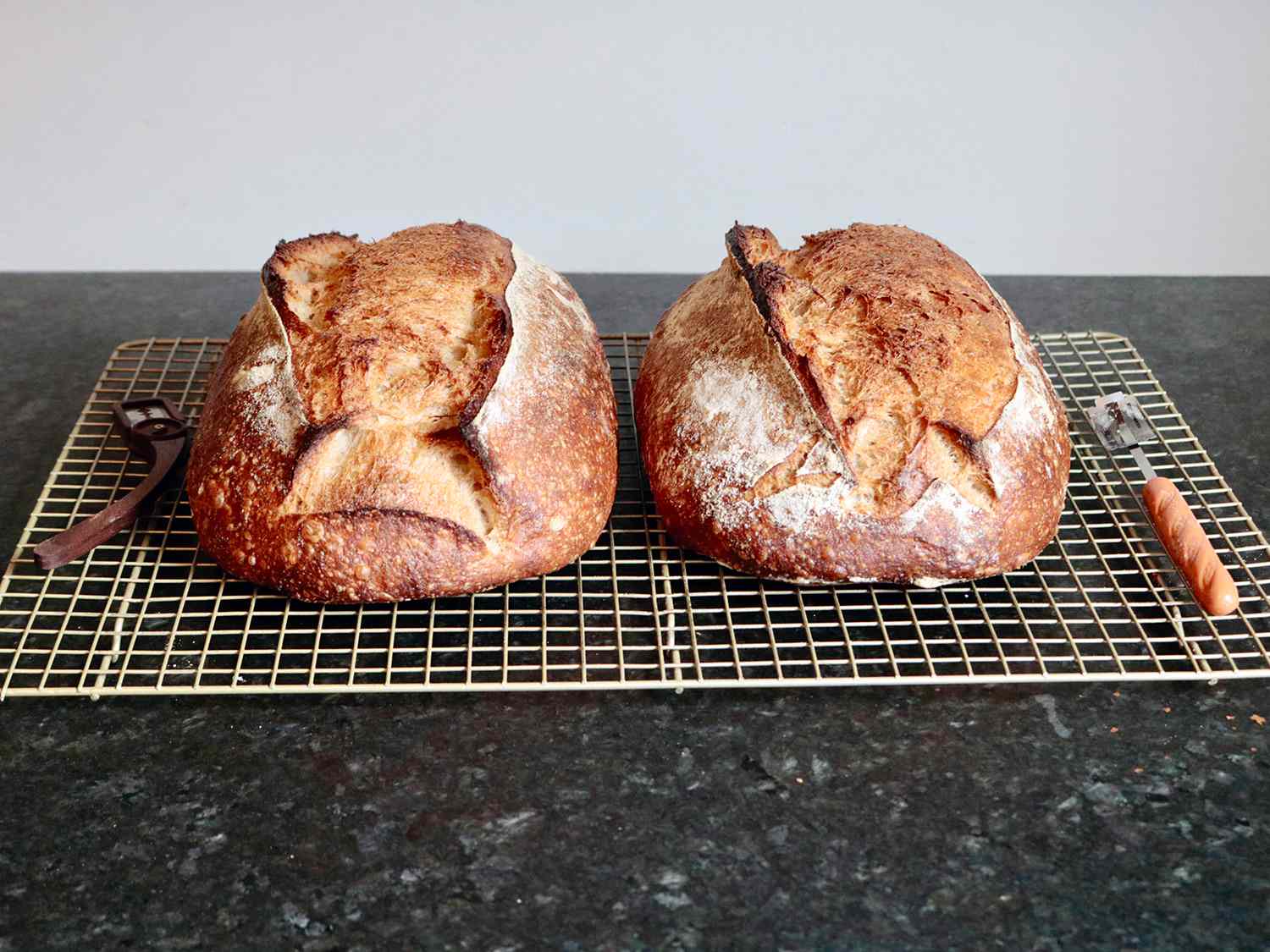 两条酸面包并排放在铁丝架上，旁边是一条直面包腿和一条弯面包腿。