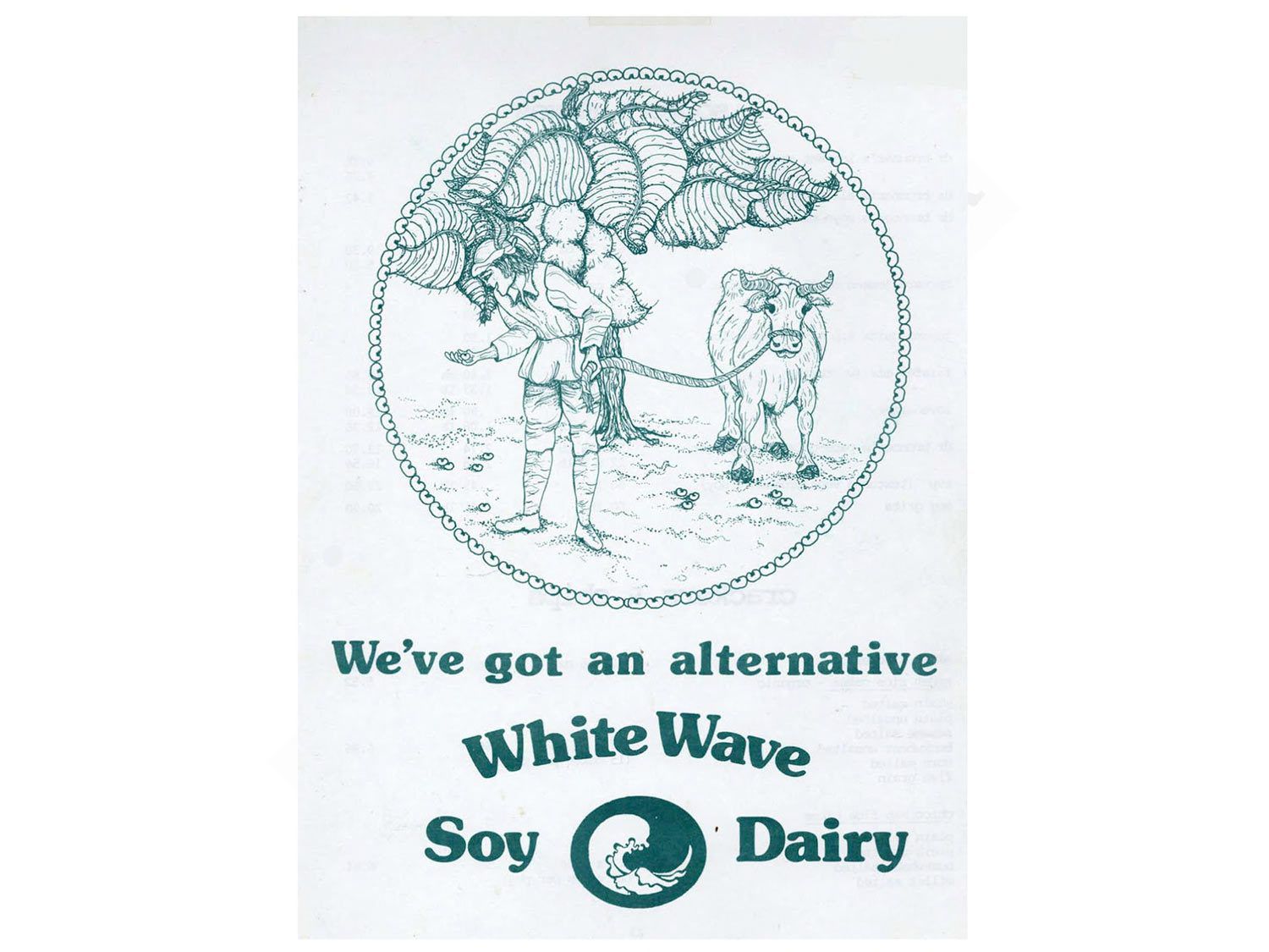 White Wave豆浆的复古广告，有一幅老式的插图，上面画着一头奶牛，宣称，