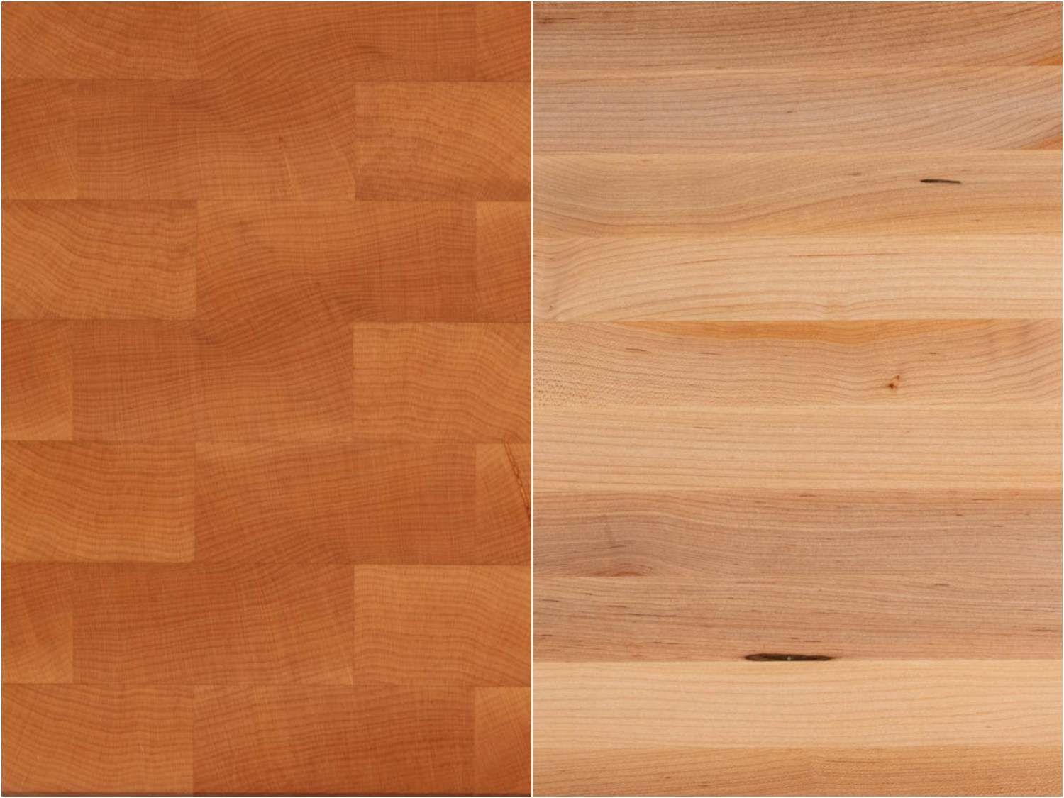 端纹板和边缘纹板的比较:端纹板在切割表面上有树轮可见，而边缘纹板没有。