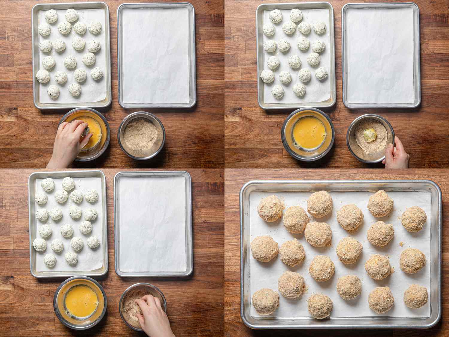 Four image collage of dipping ricotta ball into egg then breadcrumbs then placing on a baking sheet