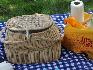 户外草地上放着一个柳条野餐篮，上面放着一块蓝色格子桌布。篮子旁边有一个装着纸巾和其他野餐用品的Serious Eats袋子。