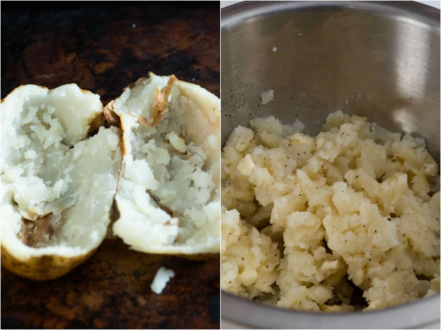 分裂的图像显示一半烤土豆和金属碗与土豆泥在里面。