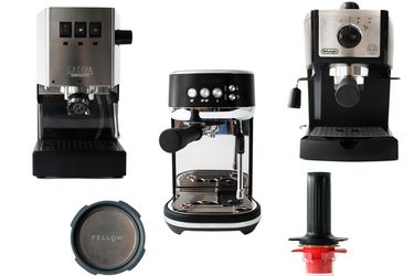 Collage of three espresso machines and tools