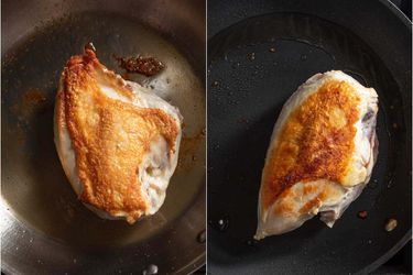 A split image of a skin-on chicken breast being panfried in a stainless steel and nonstick skillet, respectively.