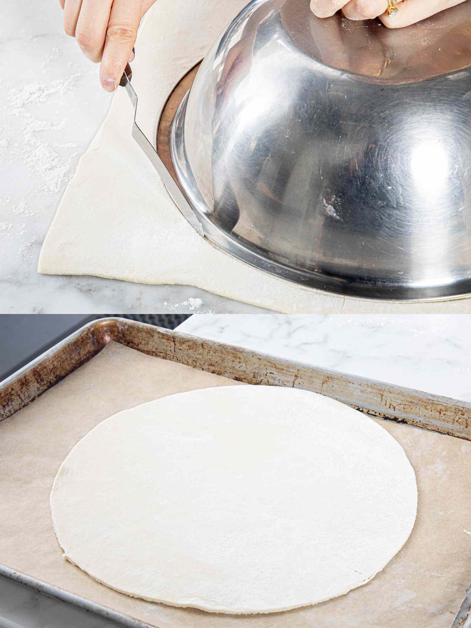 Two image collage of using a mixing bowl to cut a circle in dough and then circle of dough resting on a baking sheet