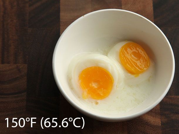 鸡蛋煮熟的真空在150°F (65.6°C) 40分钟。