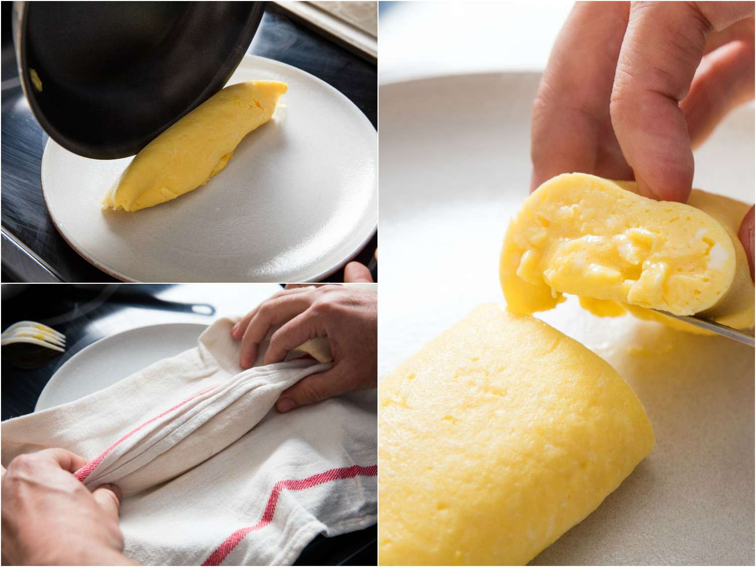 一组法式煎蛋的拼贴照片:把煎蛋从煎锅里倒到盘子里，用毛巾给煎蛋塑形，把煎蛋切成柔软的中心。gydF4y2Ba