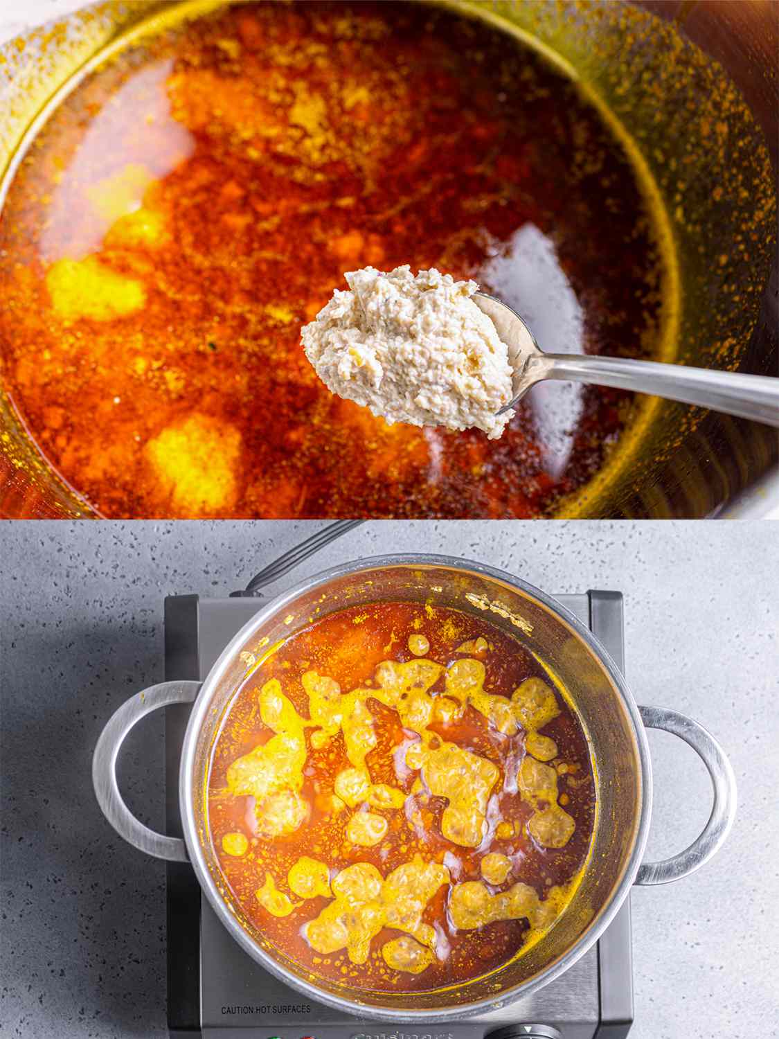 将古斯高汤和浆糊混合在一个大锅里。