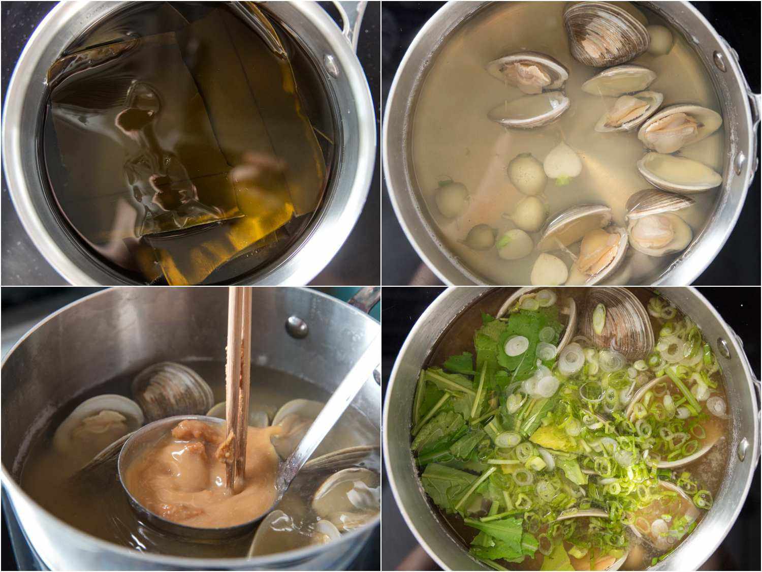蛤蜊味噌汤的制作步骤:海带泡水，在鱼汤中加入蛤蜊和对半切开的萝卜，将味噌混合到鱼汤中，加入葱花和青菜