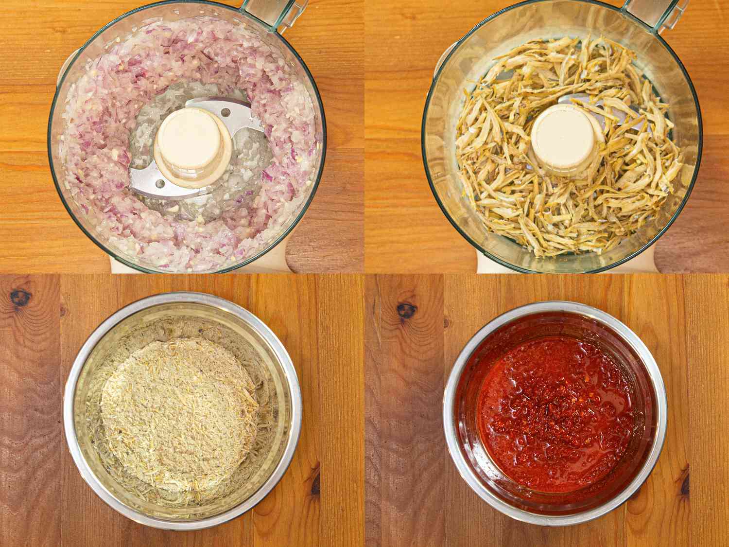 Four image collage of onion processed in a food processor, ikon billis before and after being processed, and chile paste in a bowl