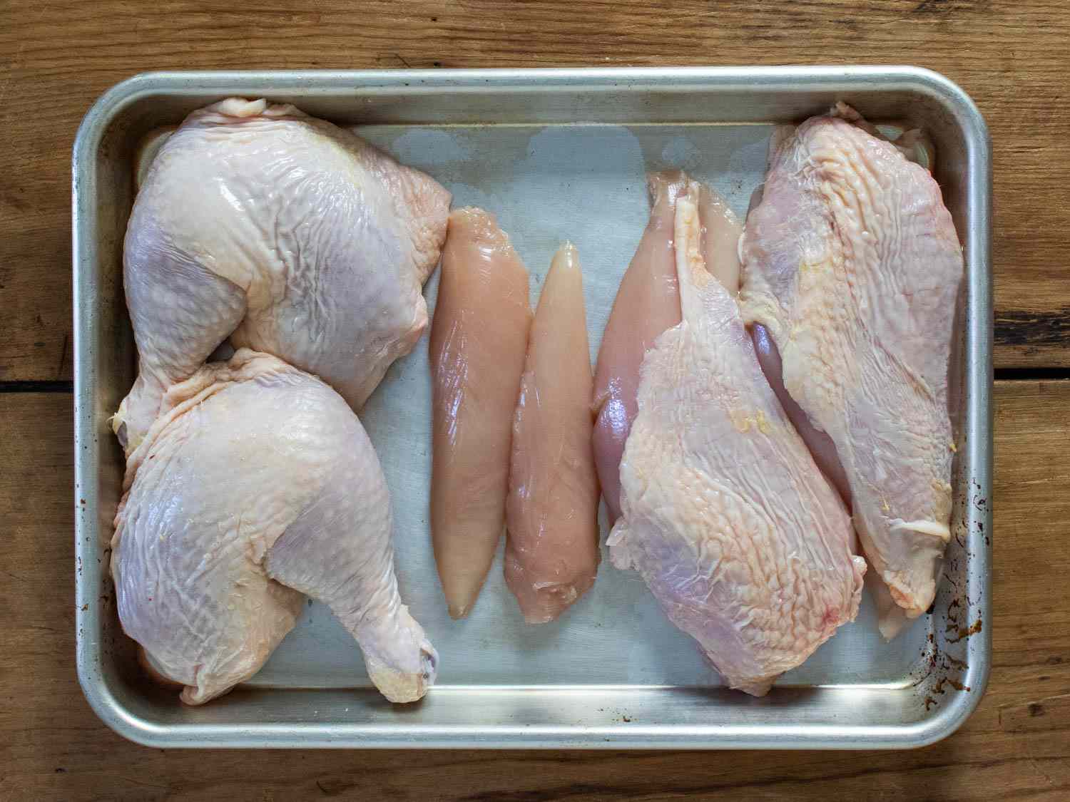 削减主要鸡边的烤盘:从左到右:腿,投标,乳房部分