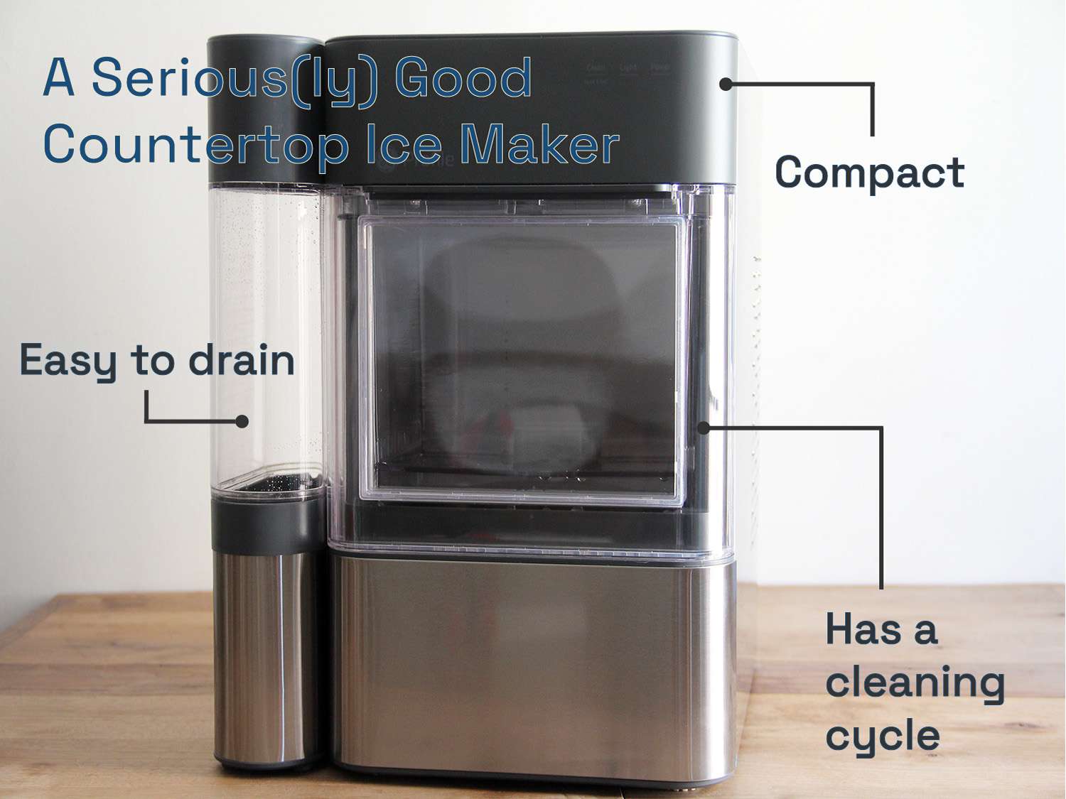 一个非常好的台面制冰机:结构紧凑，易于排水，并且有清洁周期