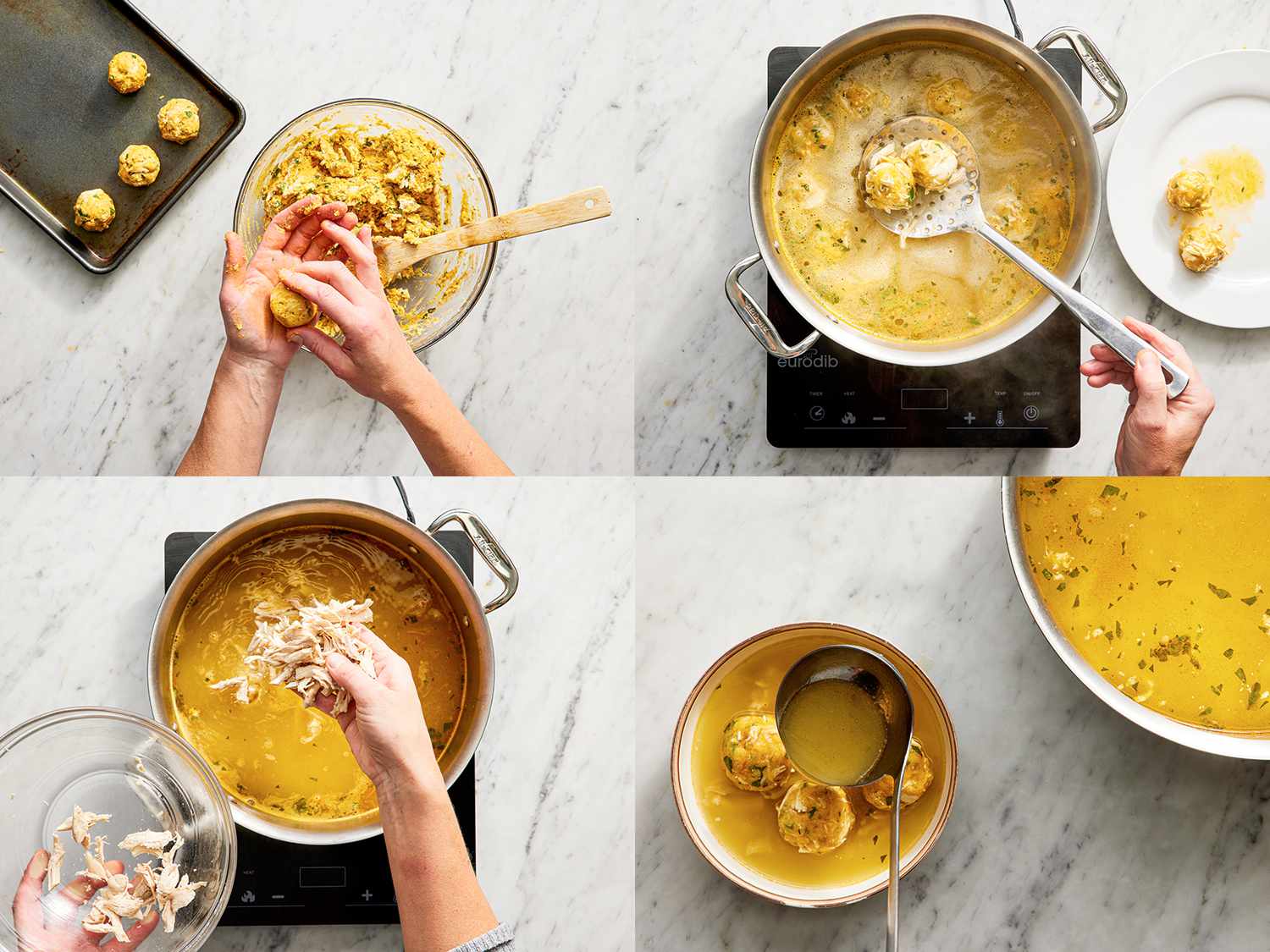 四个图像拼贴肉丸正在做，煮在肉汤，鸡肉被添加到肉汤，和肉汤
