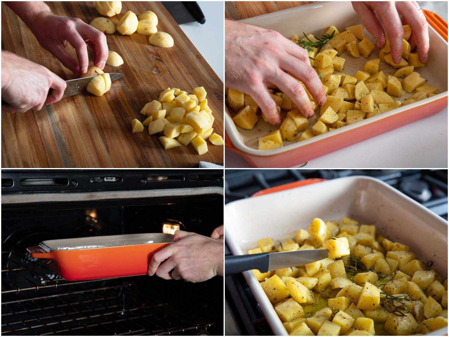 Photo collage of par-roasting potatoes in a baking dish with rosemary and olive oil.
