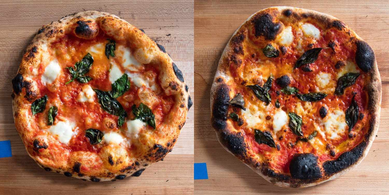 左边是用Breville烤箱烤的披萨，右边是用传统烤箱烤的披萨。