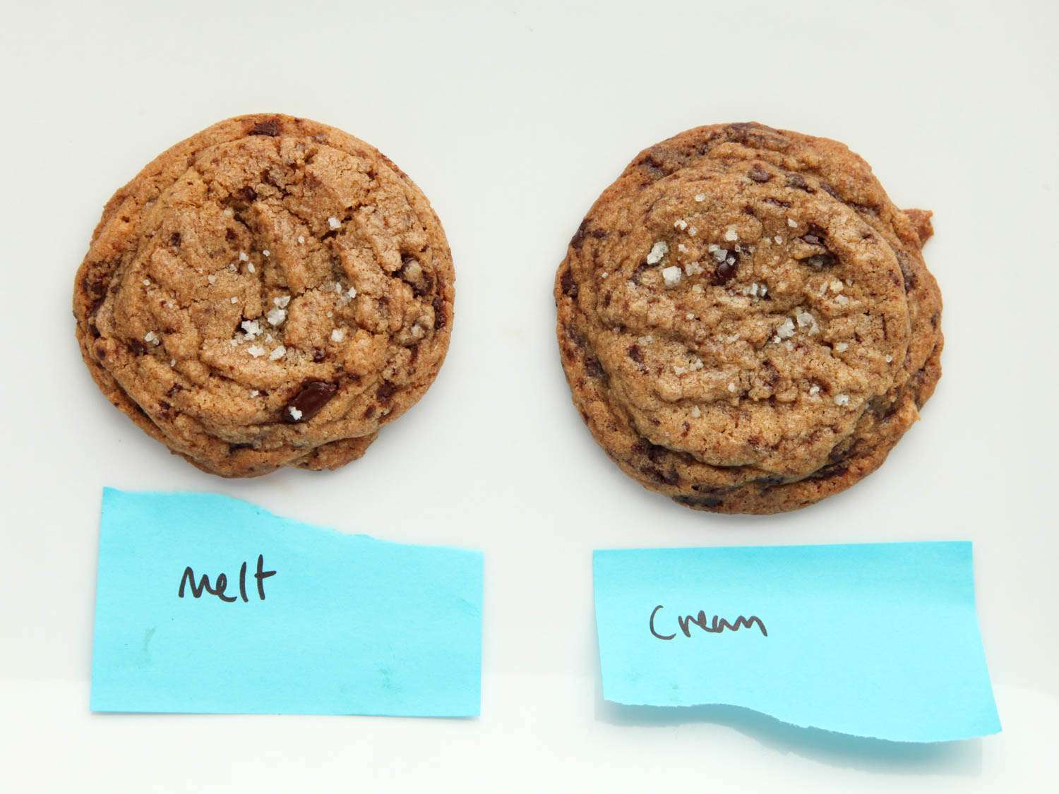 并排的图像显示两个巧克力饼干，一个用融化的黄油，一个用软化的黄油和奶油方法。gydF4y2Ba