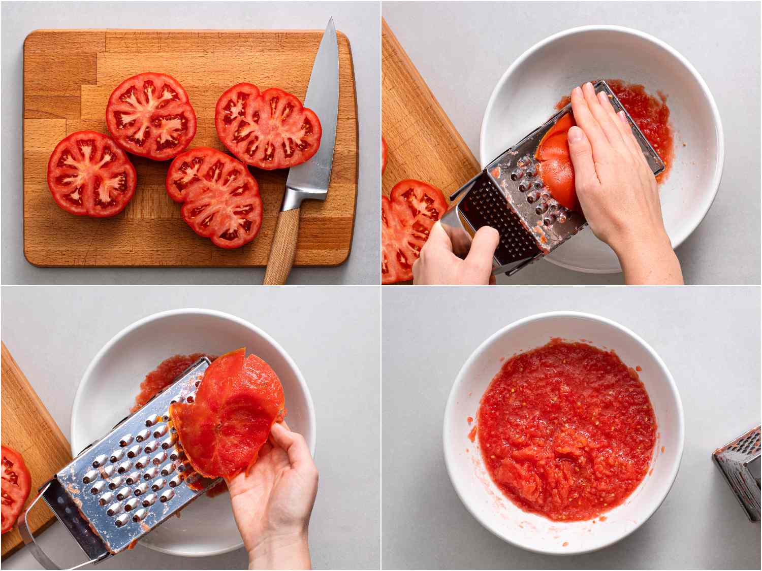 一个拼贴画展示光栅西红柿的过程。从左上顺时针方向:西红柿切成一半水平;半个番茄碎在一盒刨丝器;的皮肤获得番茄的刨丝器盒;一碗碎番茄肉白色的碗里。