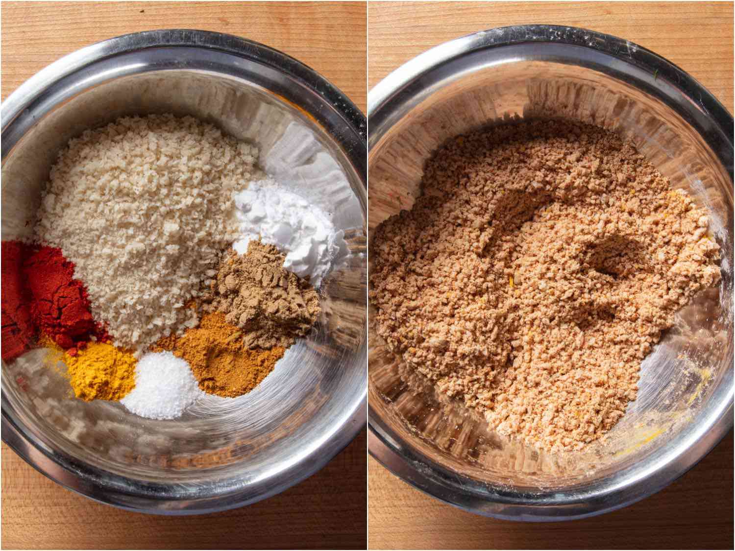 两张照片显示的是香料、淀粉和面包屑的混合物:配料分开，以及混合后开云体育波胆