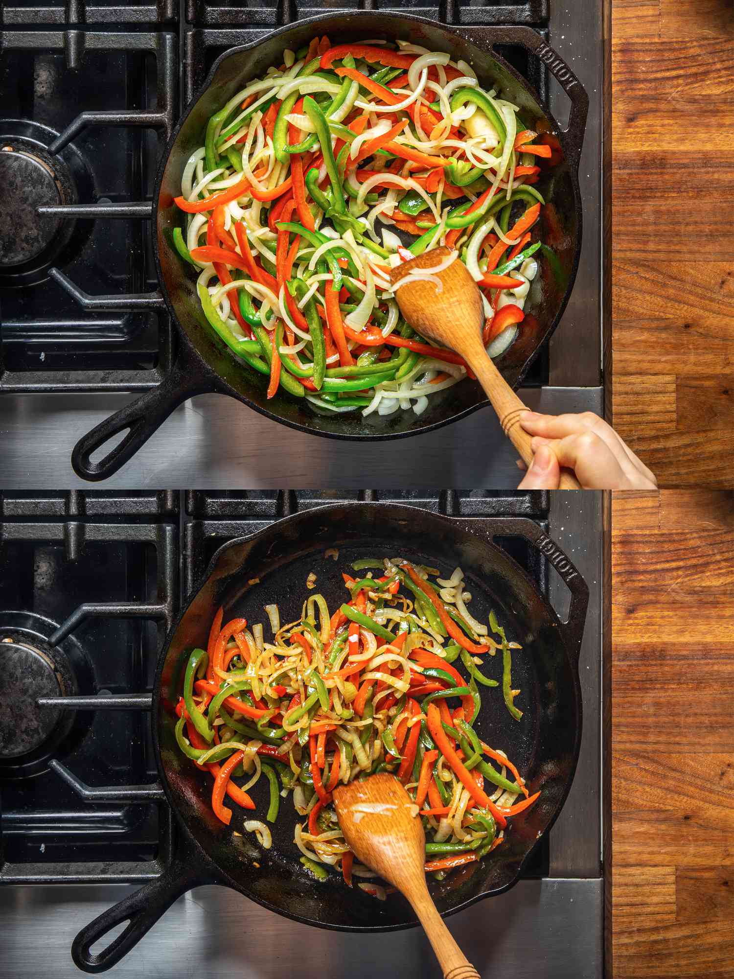 两个图像拼贴的俯视图烹饪辣椒在煎锅下来