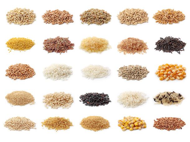 小堆的25种不同的全谷物，如不同的大米、玉米、小麦浆果、小米等。
