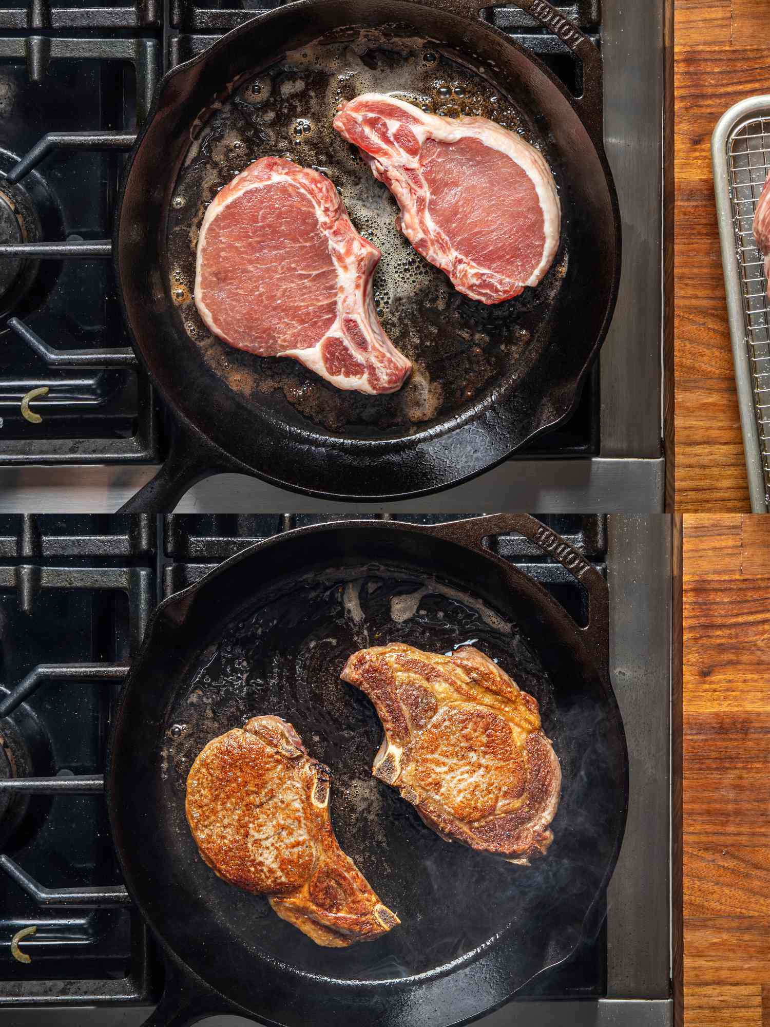 两个图像拼贴的俯视图的猪排被棕色在煎锅