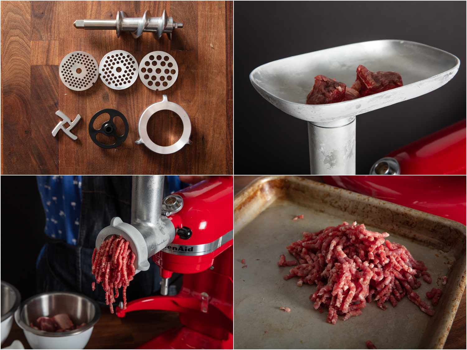 KitchenAid立式搅拌机绞肉机附件特点:全金属部件;盛肉的盘子;磨碎牛肉;碎牛肉特写