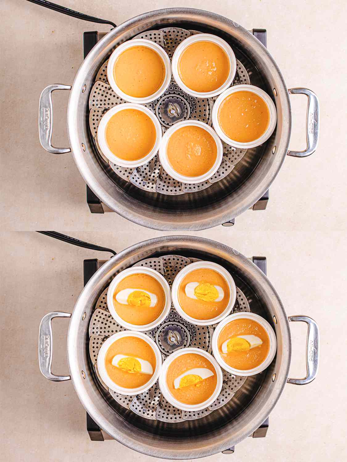 两个图像拼贴的顶视图moin moin混合物在会后船之前和之后放置一个鸡蛋在里面