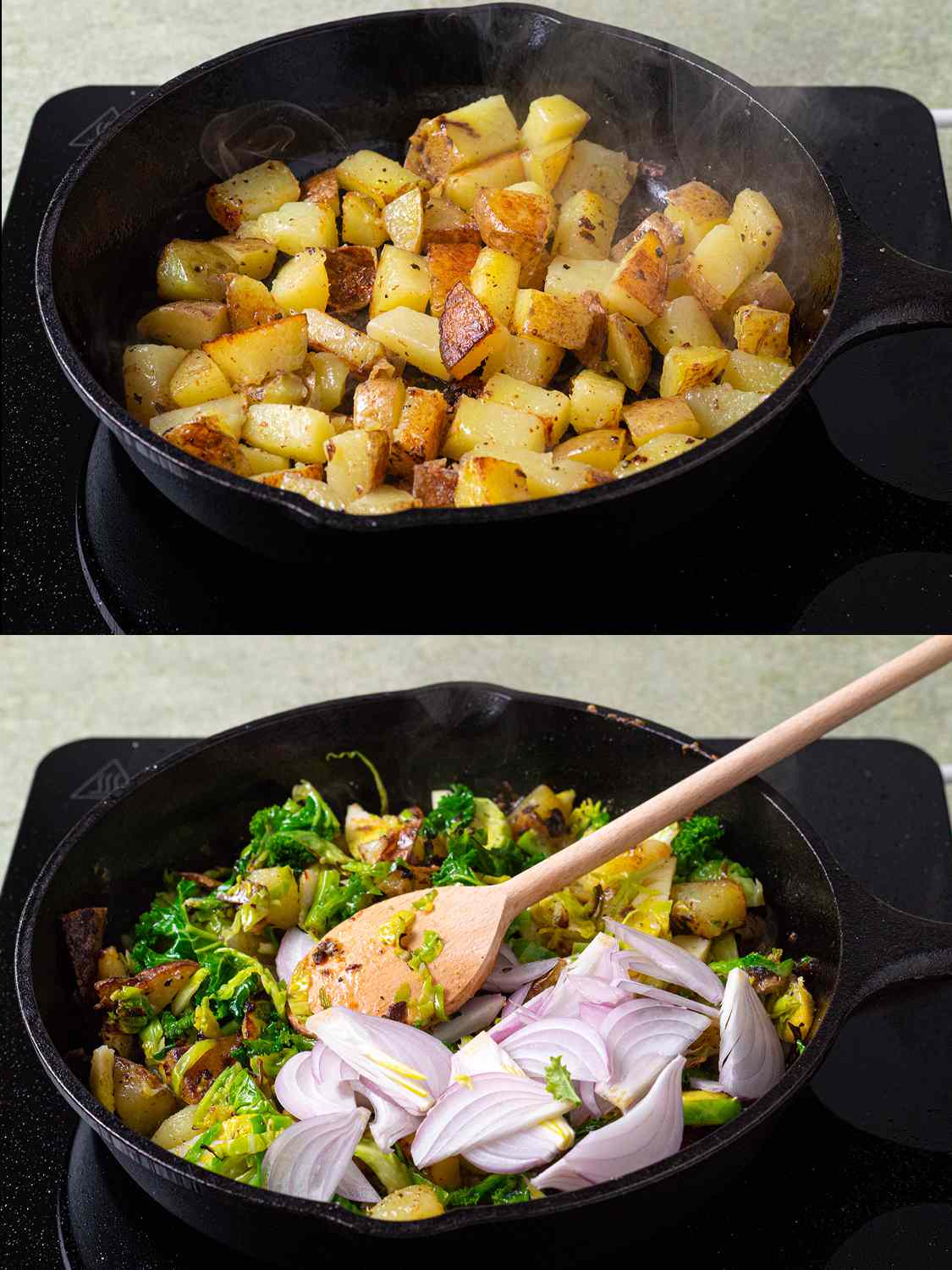 土豆在平底锅里煮，然后加入其他蔬菜
