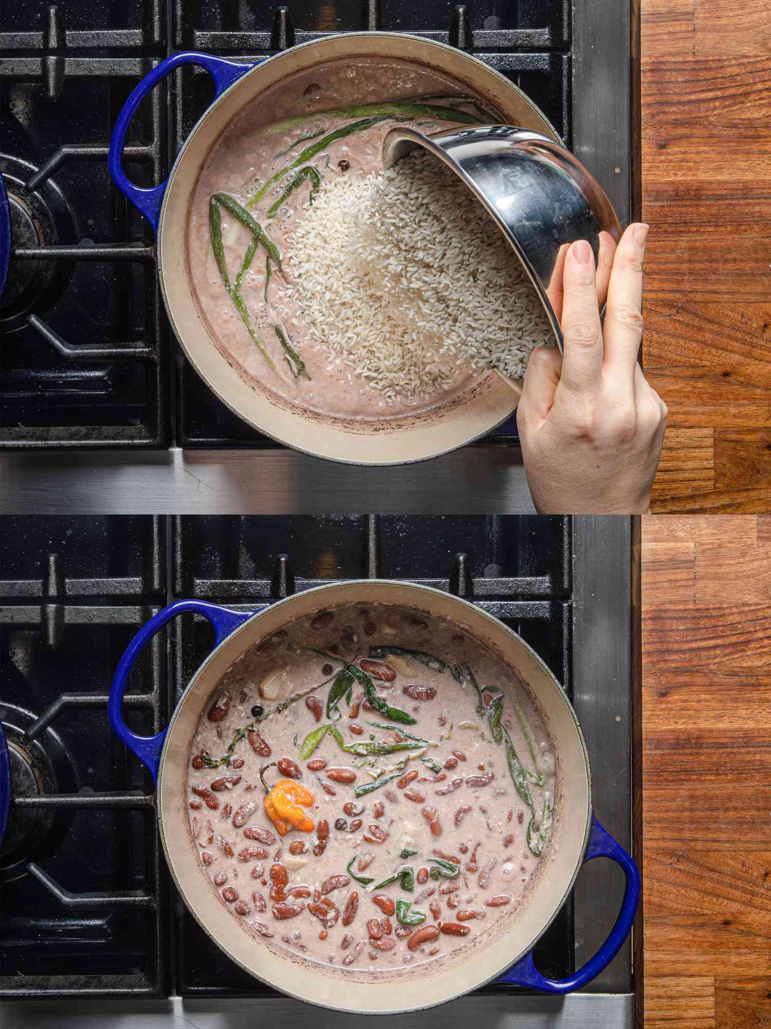 两个图片拼贴的俯视图添加大米与豆类和椰奶锅
