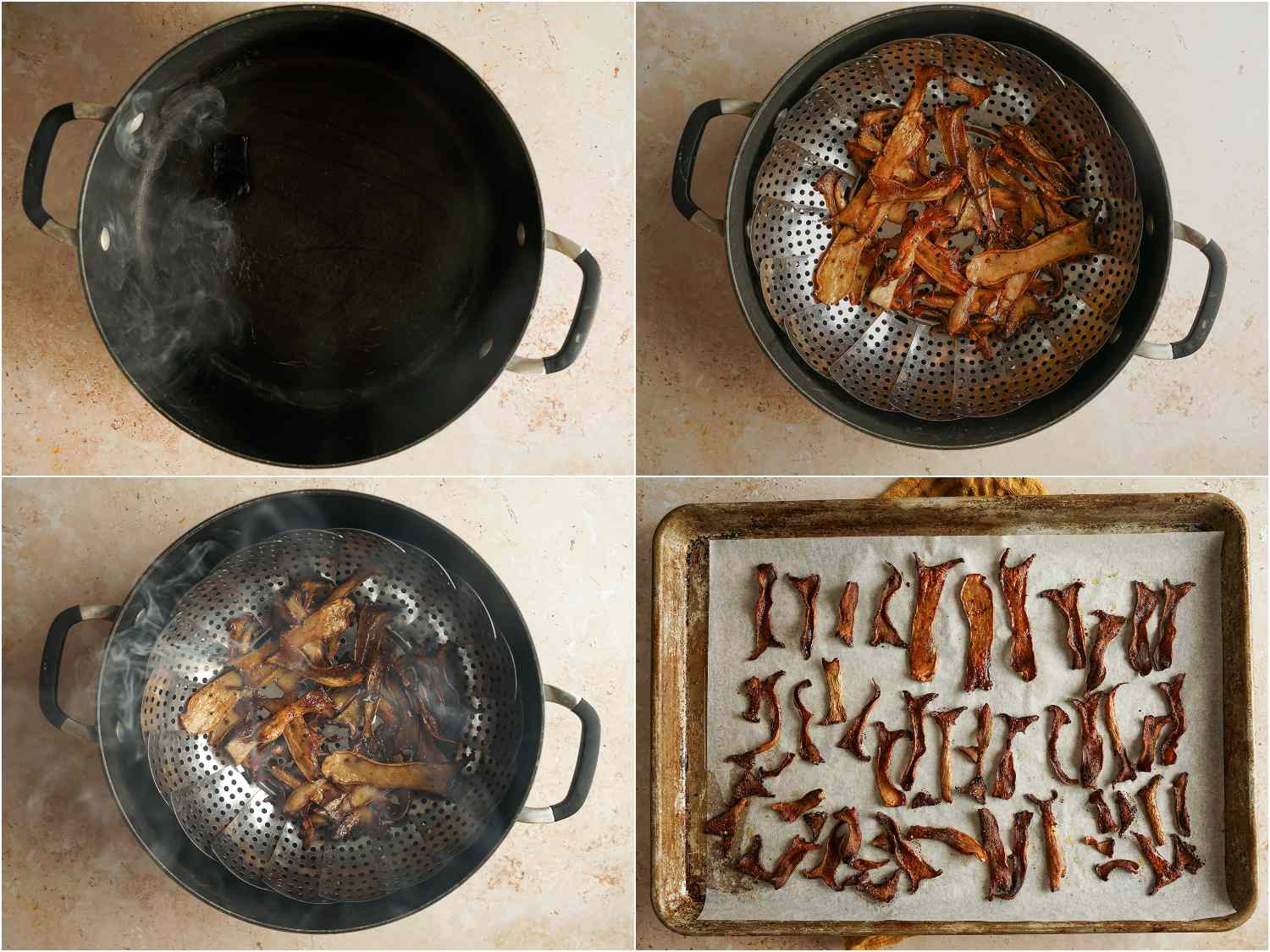 一幅拼贴画，展示了蘑菇在锅中熏制，然后铺在烤盘上。