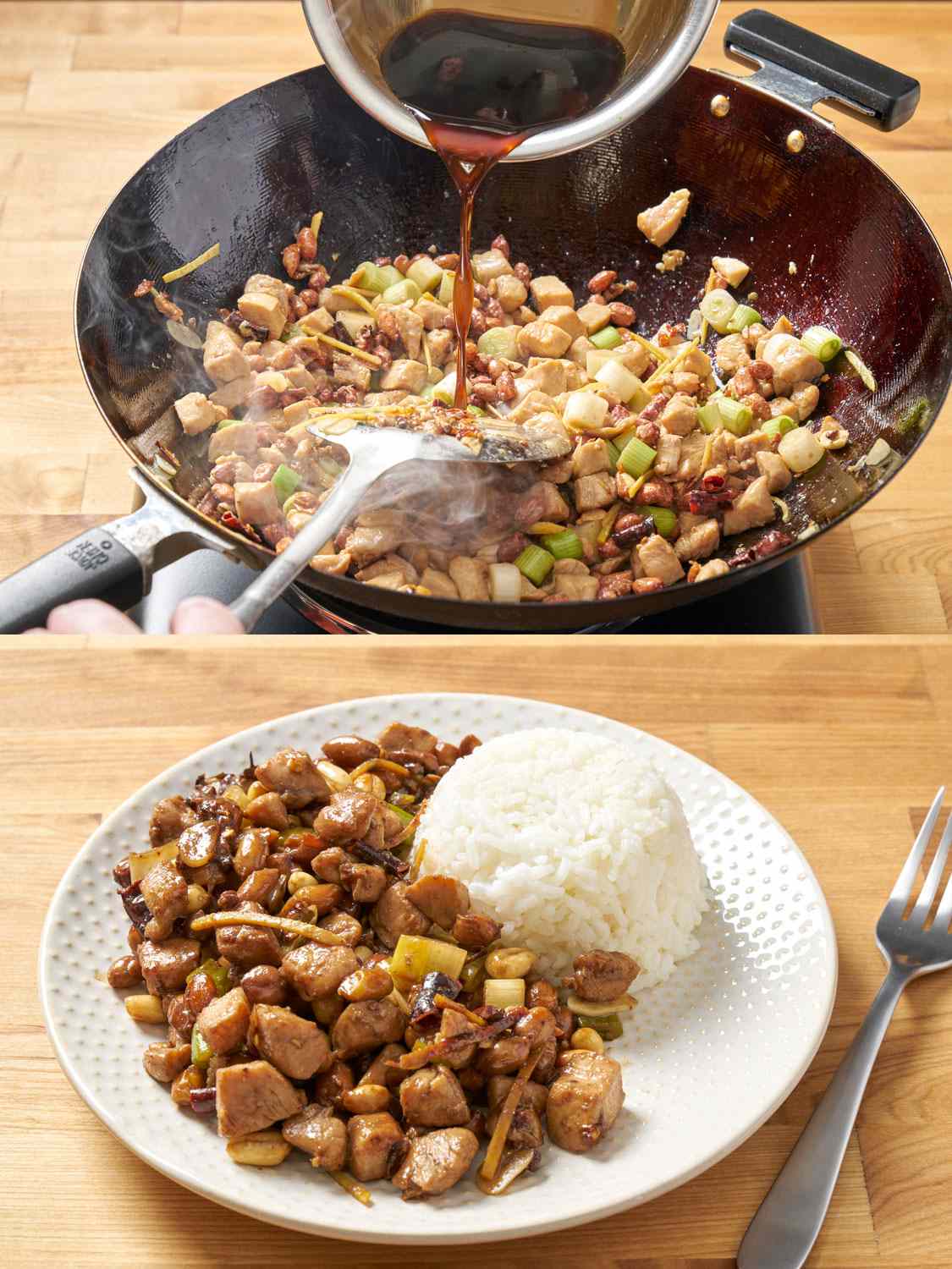 两幅拼贴画，展示了锅里的东西和加入的酱汁，然后是盛在盘子里的鸡肉和米饭。gydF4y2Ba