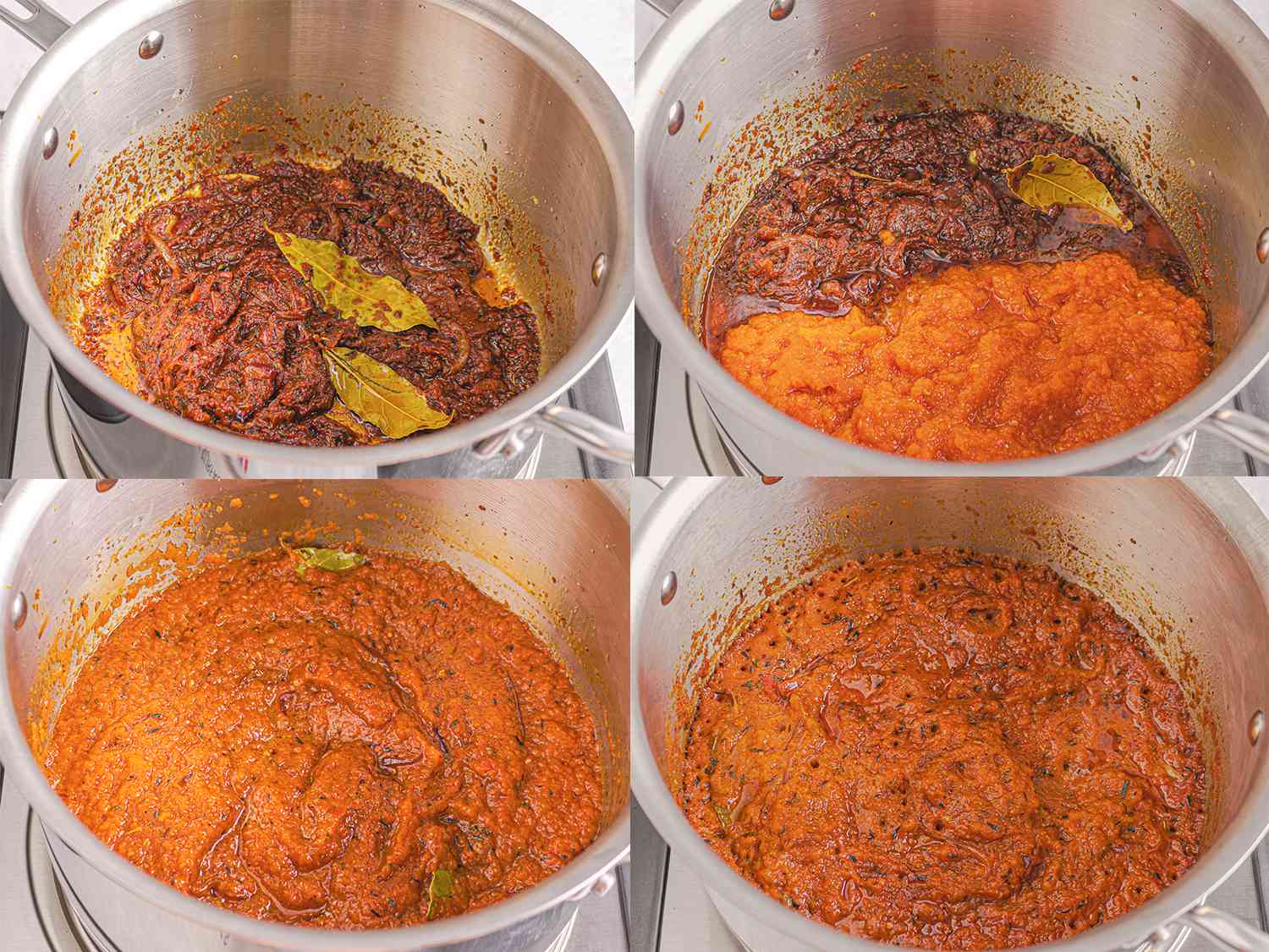 4个图像拼贴，显示浓浆被添加到深色番茄酱中，并在锅中减少了一半。
