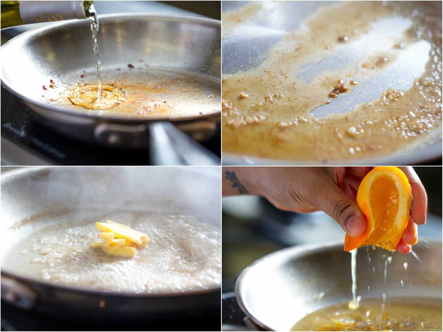 烤鸭胸肉后制作平底锅酱汁的拼贴照片:加入白葡萄酒，下锅，加入黄油和鲜榨橙汁。gydF4y2Ba