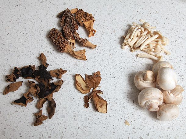 选择干和新鲜的蘑菇:woodear,牛肝菌,龙葵、金针菇、和白色按钮